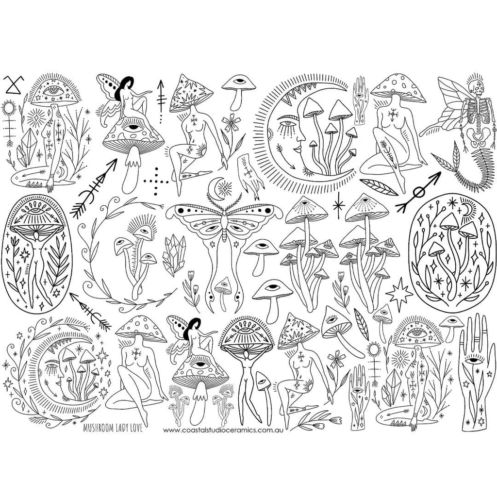 Black and white illustration of various mystical symbols and figures on a white background.